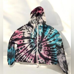 Women's Cropped Hoodie Size Medium - Tie Dye Pink, Teal, White, Black SKU 18